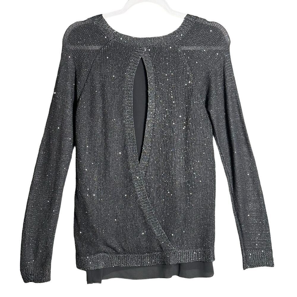 Sioni Sz M Mixed Media‎ Sequin Pullover Sweater Gunmetal Chiffon Cutout Sheer